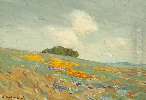 Poppies And Lupine In A California Landscape Oil Painting by Granville Redmond