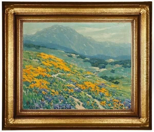 Poppies And Lupine In A California Landscape Oil Painting by Granville Redmond