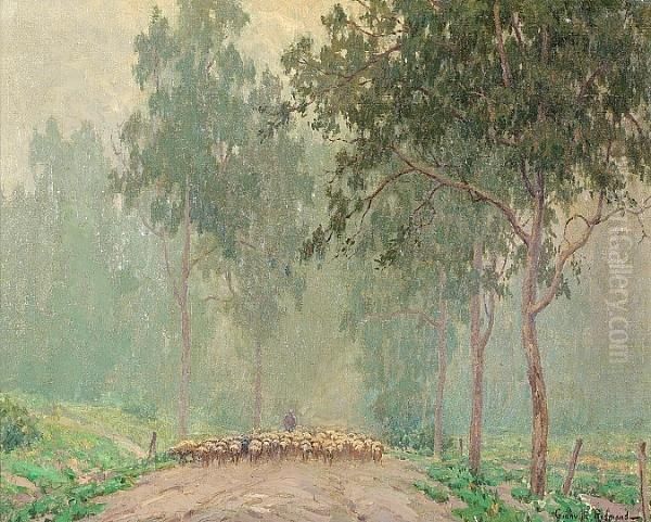 A Shepherd And His Flock In The Early Morning Mist Oil Painting by Granville Redmond