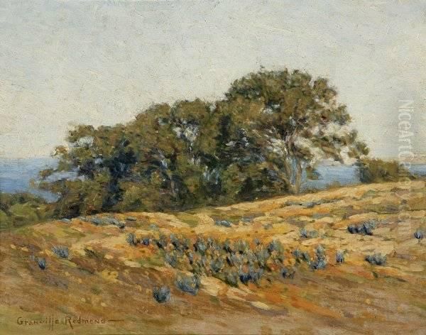 Oak Trees And Poppies In A California Coastal Landscape Oil Painting by Granville Redmond