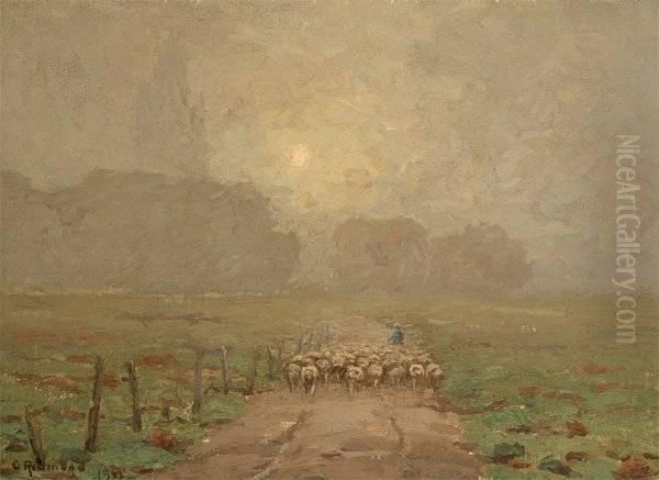 Shepherd Herding Sheep In Misty Landscape Oil Painting by Granville Redmond