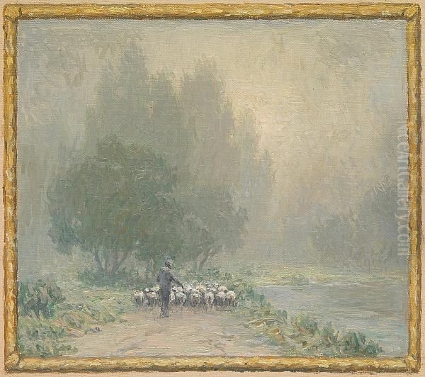 A Shepherd With A Flock Of Sheep Oil Painting by Granville Redmond