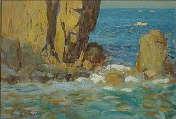 Fishing Boat Off The Rocky Coast Of Catalina Oil Painting by Granville Redmond