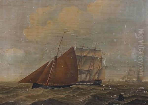 Hull Fishing Boat Hu381 And Other Vessels Off The Coast In A Swell Oil Painting by Henry Redmore