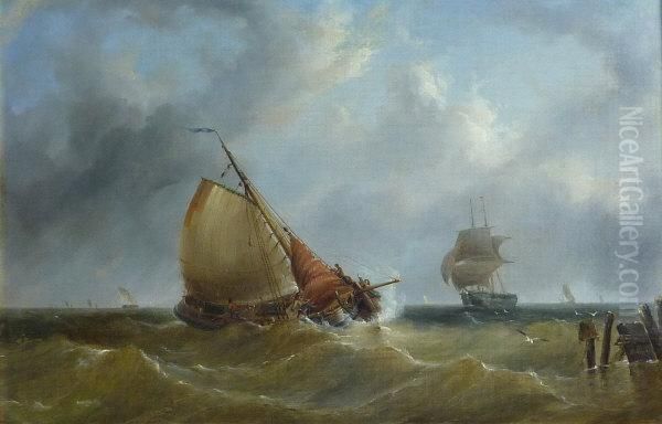 Sailing Barge Off The Coast Oil Painting by Henry Redmore