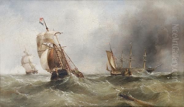 A Dutch Hoy And Other Vessels In
 A Heavy Swellwith An Anchored Three-masted Merchantman Beyond Oil Painting by Henry Redmore