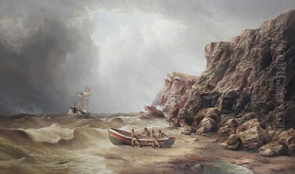 Fisherman Launching A Yorkshire Cobble To Aida Ship In Distress Oil Painting by Henry Redmore