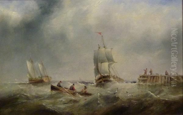 Sailing Vessels Passing A Jetty Oil Painting by Henry Redmore