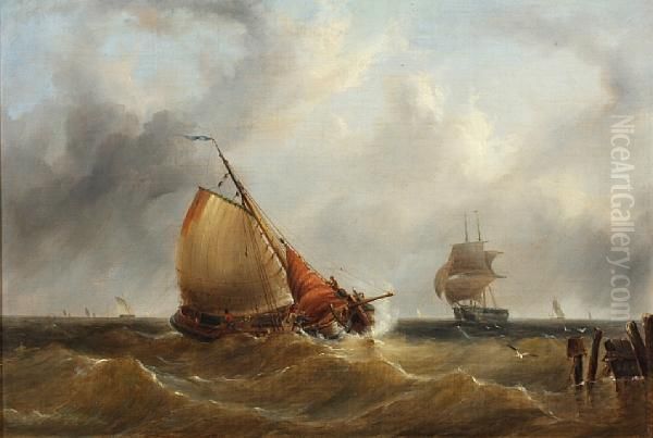 Fishing Boat In Choppy Seas, Other Vesselsbeyond Oil Painting by Henry Redmore