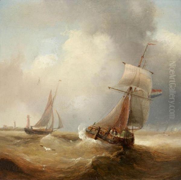 Zwei Segelboote Auf Bewegter See Vor Einer Kuste Oil Painting by Henry Redmore