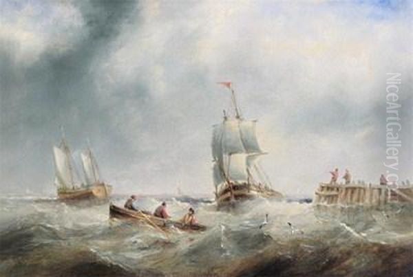 Sailing Vessels Off A Pier Oil Painting by Henry Redmore