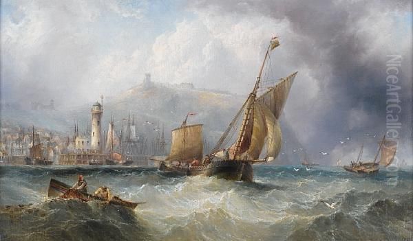 Barges Off Scarborough Harbour Oil Painting by Henry Redmore