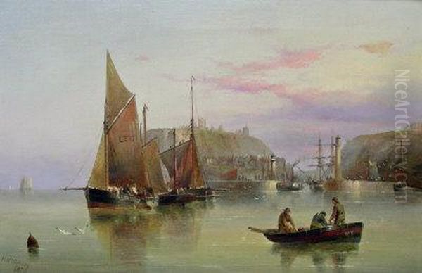 'whitby' - Fishing Boats At The Harbour Mouth Oil Painting by Henry Redmore