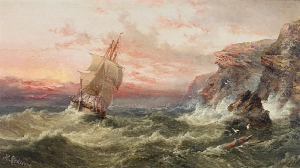 Sailing Vessel Off A Rocky Coast At Sunset; Fishermen With A Beached Rowing Boat Oil Painting by Henry Redmore