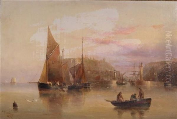 Whitby With Fishing Boats Outside The Harbour Oil Painting by Henry Redmore