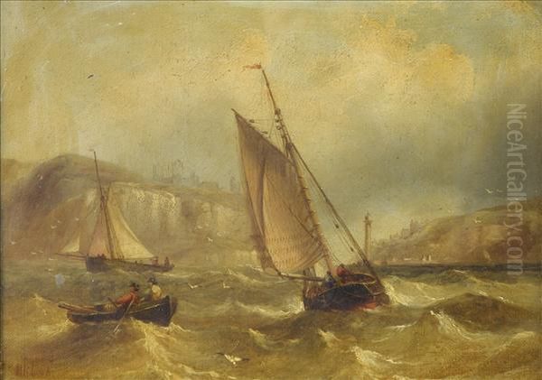 Whitby, Yorkshire, Fishing Boats In A Swell, The Abbey And Lighthouse Beyond Oil Painting by Henry Redmore