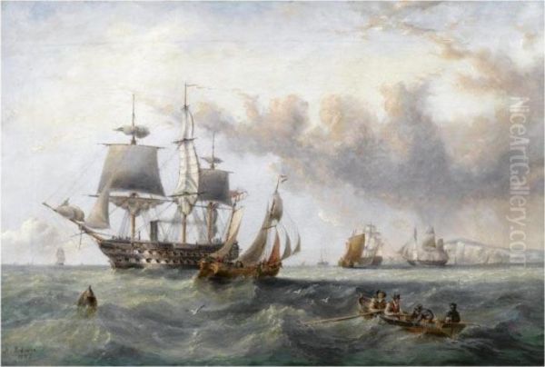 Men-of-war Of The White Squadron Off Dover Oil Painting by Henry Redmore