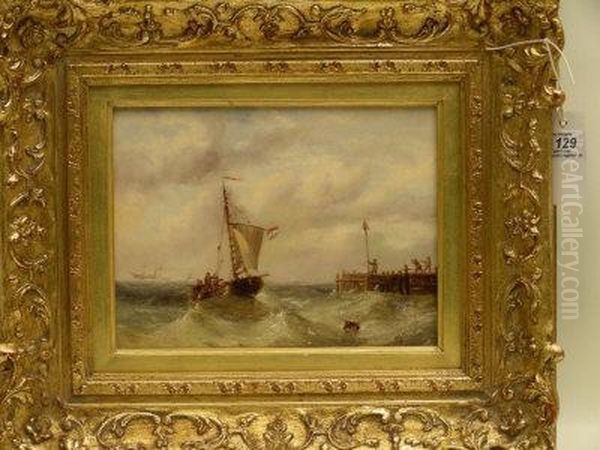 Fishing Boat Returning To Harbour In Choppy Seas Oil Painting by Henry Redmore