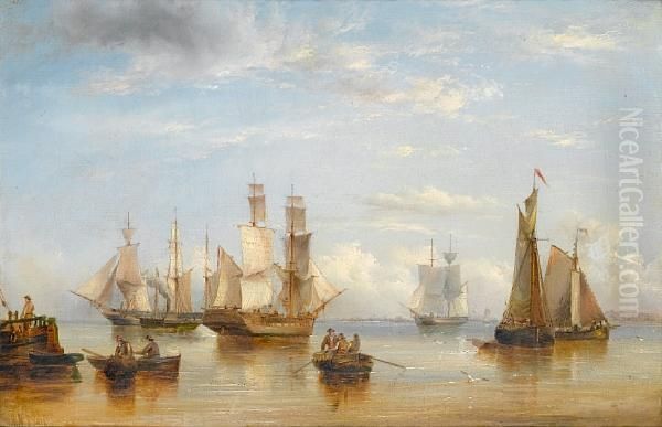 Vessels Drying Their Sails Offshore In A Flatcalm Oil Painting by Henry Redmore