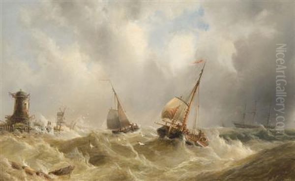 Vessels Offshore In A Swell Oil Painting by Henry Redmore