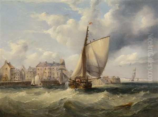 Fishing Vessels Off A Coastal Town Oil Painting by Henry Redmore