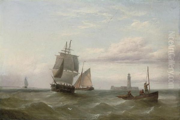 A Trading Brig And Other Shipping Before A Fortifiedlighthouse Oil Painting by Henry Redmore