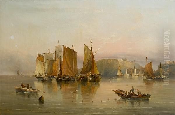 Luggers And Other Commercial Sail In A Flat Calm Off Whitby Oil Painting by Henry Redmore