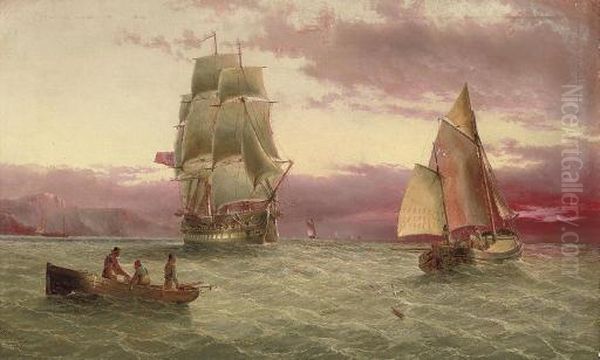 A Royal Naval Two-decker Running Down The Channel Off Cornwall At Dusk Oil Painting by Henry Redmore