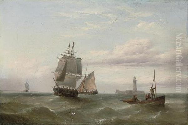 A Trading Brig And Other Shipping Before A Fortified Lighthouse Oil Painting by Henry Redmore