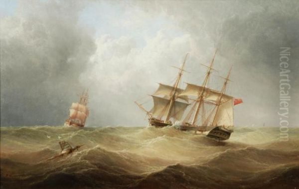 Britishships On Stormy Seas Oil Painting by Henry Redmore