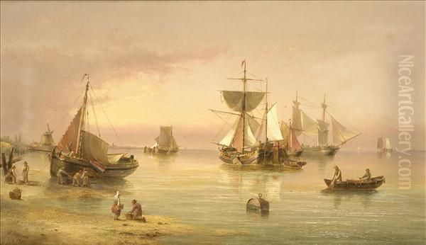 Evening Calm, Thedutch Coast, With Fishing Fleet And Merchantmen, A Windmill Beyond Oil Painting by Henry Redmore