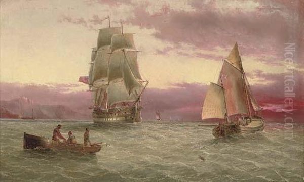 A Royal Naval Two-decker Running Down The Channel Off Cornwall At Dusk Oil Painting by Henry Redmore