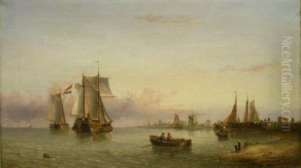 Dutch Sailing Barges Near The Shoreline Oil Painting by Henry Redmore