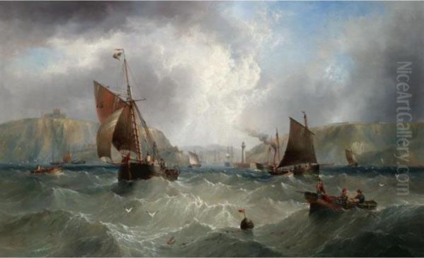 Fishing Boats On A Stormy Sea Off Whitby Oil Painting by Henry Redmore