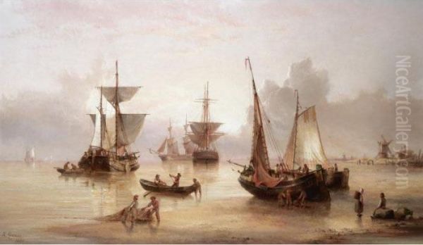 Fishing Boats Off The Shore In A Calm Oil Painting by Henry Redmore