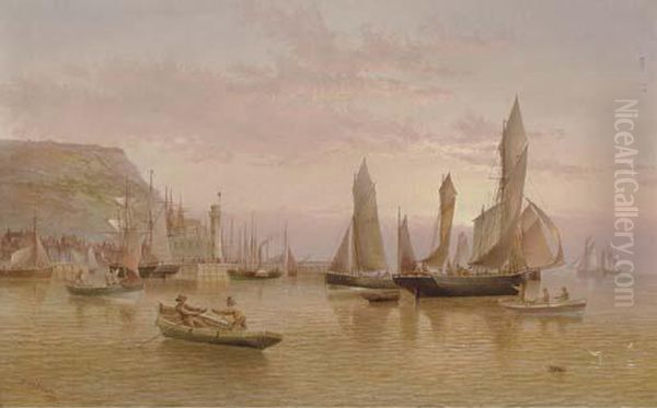 Fishing Boats In A Harbor Calm Oil Painting by Henry Redmore