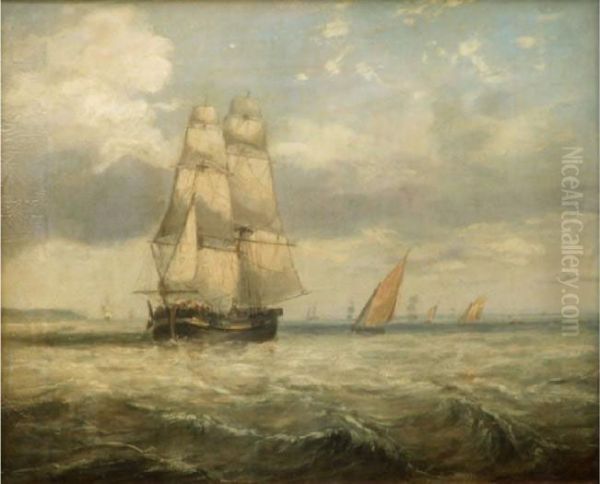 Amerchant Brig And Other Shipping In A Fresh Breeze Oil Painting by Henry Redmore