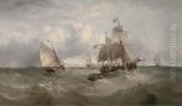 A Merchantman Heaving-to To Await The Arrival Of The Pilot Cutter Oil Painting by Henry Redmore