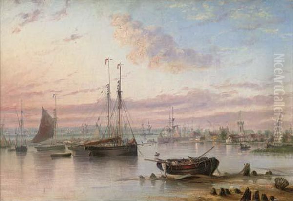 Shipping In The Harbour At Dusk Oil Painting by Henry Redmore