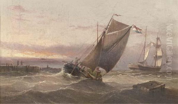 A Dutch Brig Running Out Of Harbour Amidst Other Traffic Atdusk Oil Painting by Henry Redmore