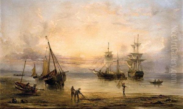 Fishermen Dragging In The Nets At Sunset Oil Painting by Henry Redmore