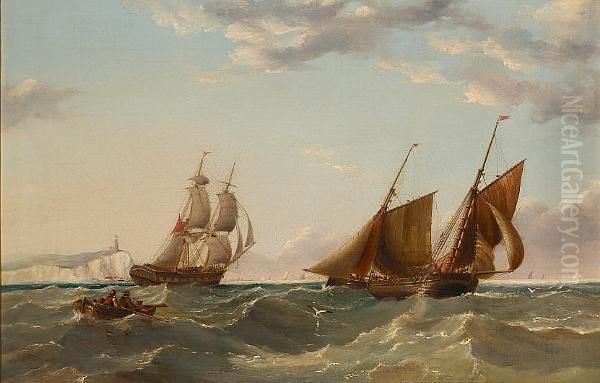 A Merchant Brig Running Up The 
East Coast Past Flamborough Head; A Three-masted Merchantman Off The 
Channel Coast, With A Dutch Hoy Heading Inshore Oil Painting by Henry Redmore