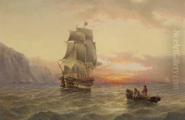 A Royal Naval Two-decker Running Along The Coast At Dusk Oil Painting by Henry Redmore