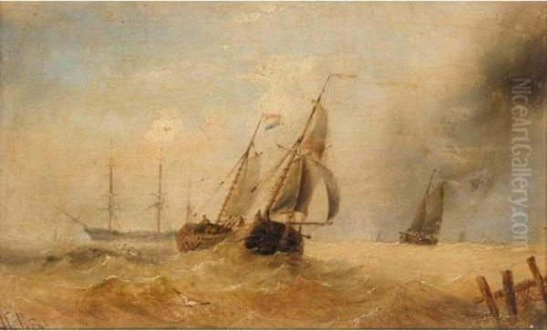 Shipping In Heavy Seas; Shipping At Sunset Oil Painting by Henry Redmore