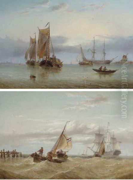 A Naval Two-decker Amidst Barges
 Off The Coast; And Hay Barges Andother Shipping In The Estuary Oil Painting by Henry Redmore