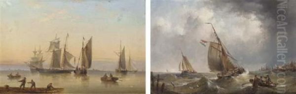 A Schooner And Fishing Vessels In A Calm; And Dutch Fishing Barges Running Into Port Oil Painting by Henry Redmore