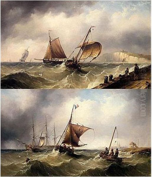 Fishing Vessels Heading Out To Sea; Fishing Vessels And A Merchant Ship In Choppy Seas Oil Painting by Henry Redmore