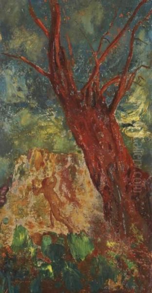 L'arbre Rouge, Une Silhouette En Fuite Oil Painting by Odilon Redon