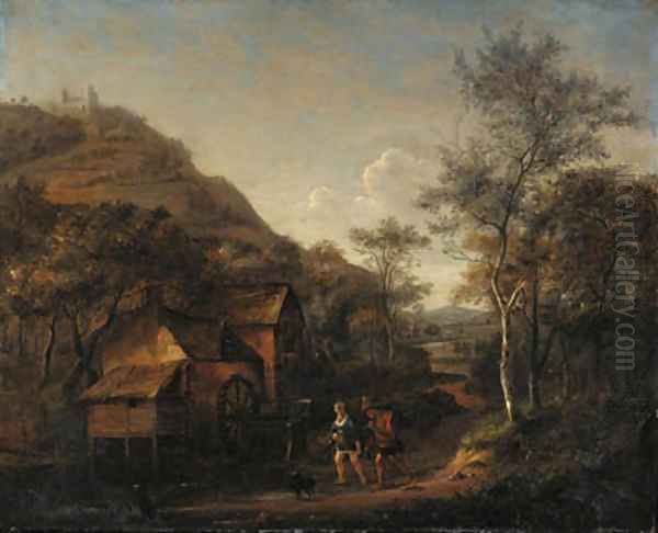 A wooded landscape with peasants on a path by a watermill, a hill beyond Oil Painting by Jan Steen