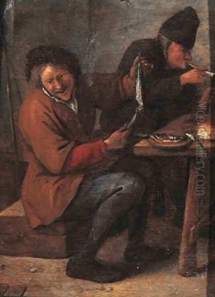 A boor seated at a table in an inn, displaying a herring Oil Painting by Jan Steen